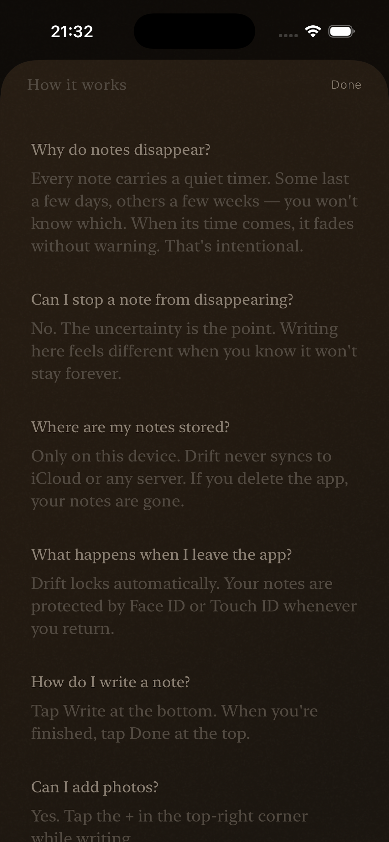Drift in-app FAQ screen explaining how notes and disappearing works